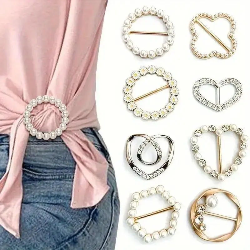 8/12 Piece Women's T-Shirt Clips, Modern Fashion Scarf Rings in Geometric Alloy & Resin with Sparkling Rhinestones, Versatile Brooch Buckle, Female, Sparkle Stones, Fabric Attach, 8 Pieces