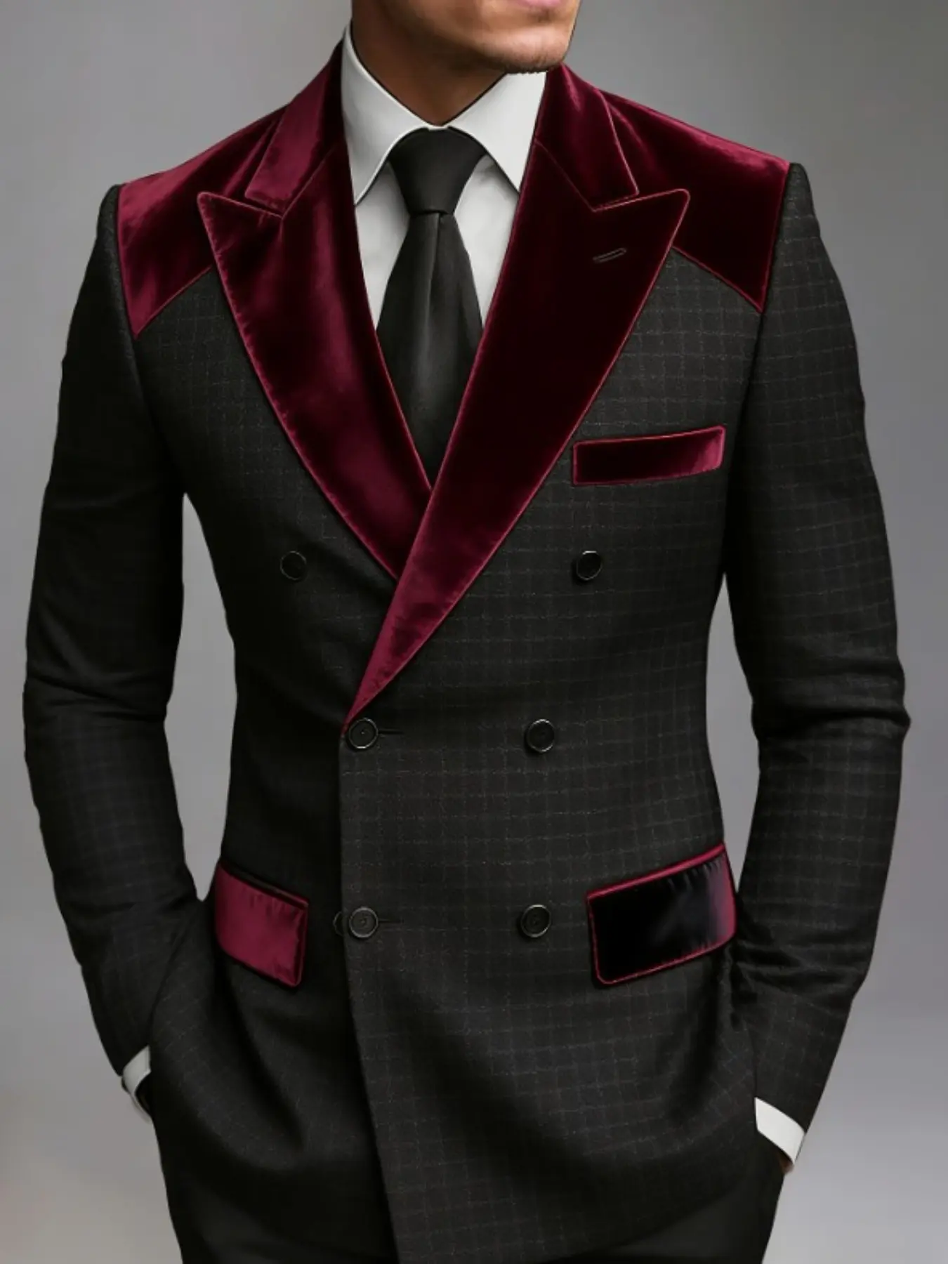 Ainwear Men Navy Grid Blazer, Burgundy Velvet Lapel Double-Breasted Suit Jacket, Casual Fitted Houndstooth Pattern, All Seasons Outerwear