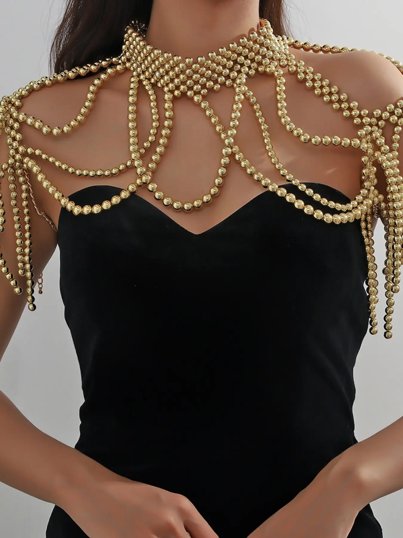 Silver Color Beaded Fringe Shoulder Chain, Layered Ruched Rhinestone Shoulder Necklace Jewelry, Shimmering Women's Evening Party Accessory