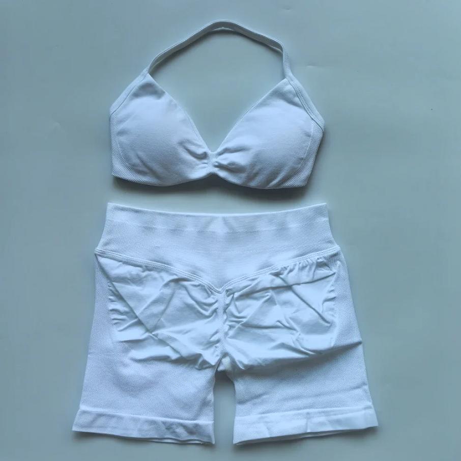 Impact Gym Set 2 Piece Women's Strappy Yoga Bra Top & Scrunch Shorts Sports Suit Fitness Clothes Seamless Yoga Set Everyday Activewear for Summer