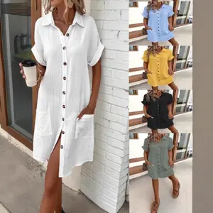 Women's casual solid color single-breasted mid-length short-sleeved loose casual dress