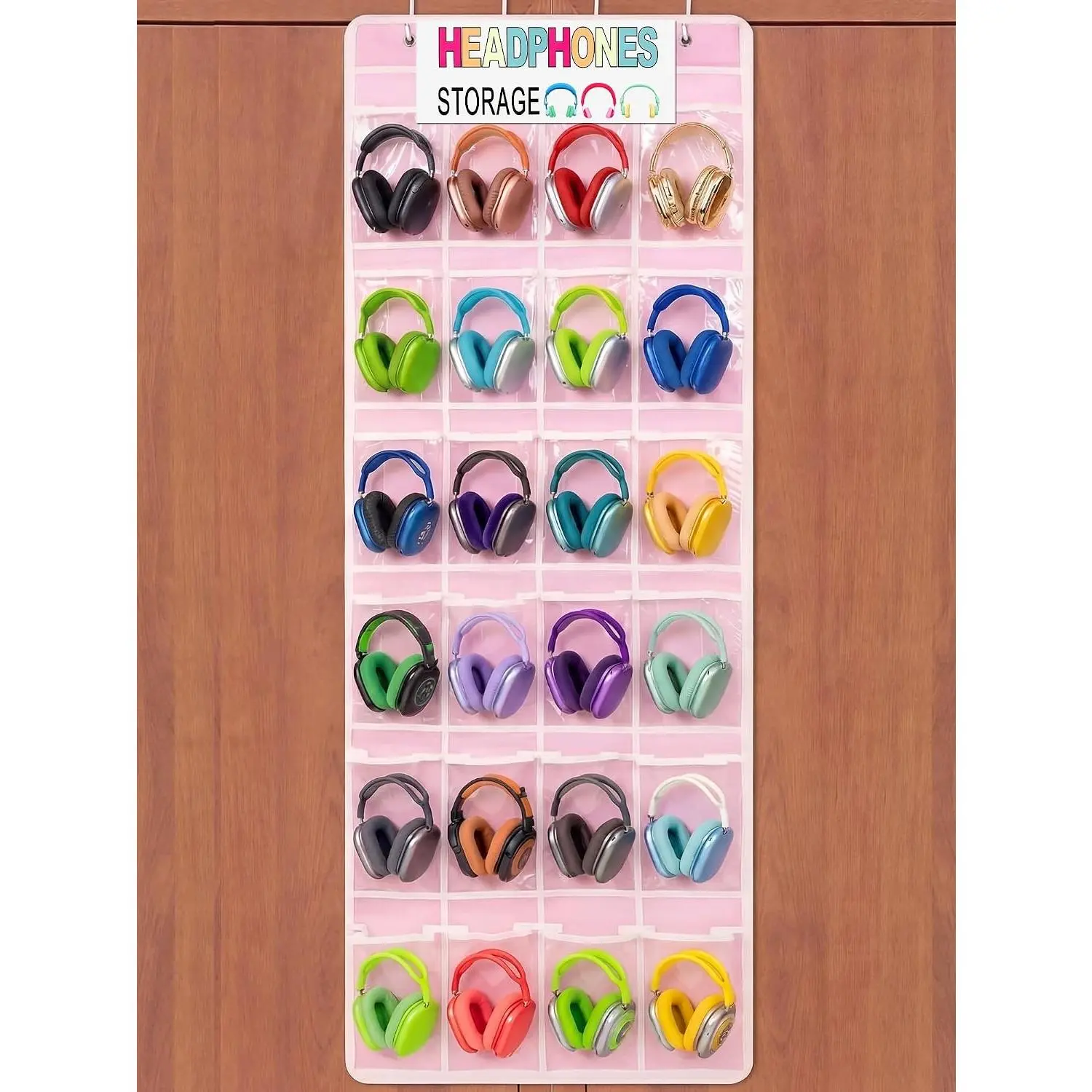 Classroom Headphone Storage Organizer 24 PVC Clear Over The Door Hanging Holder Pocket with 4 Hooks for School Library (Pink)