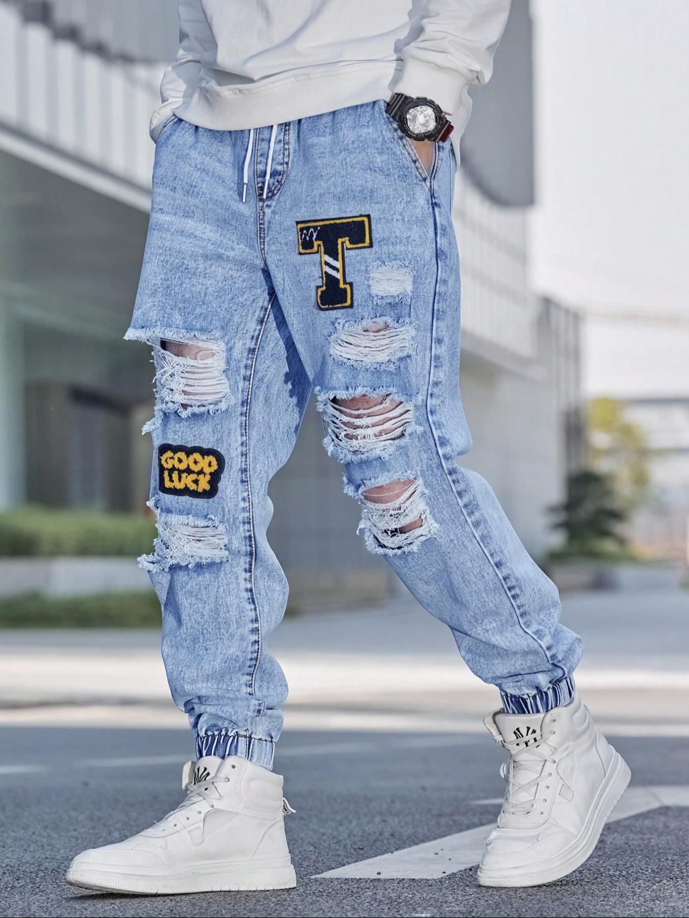 Men's Patched Ripped Distressed Knee Jeans Drawstring Waist, Loose Casual Fashion Street for Daily Wear, Men's Trousers for All Seasons