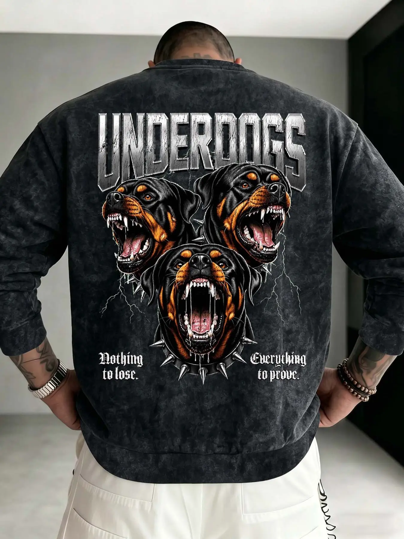 Loose-Fit Vintage Oversized Sweatshirt, Rottweiler Three-Headed Dog Underdogs Design, American High Street Fashion, Casual Geometric Pattern
