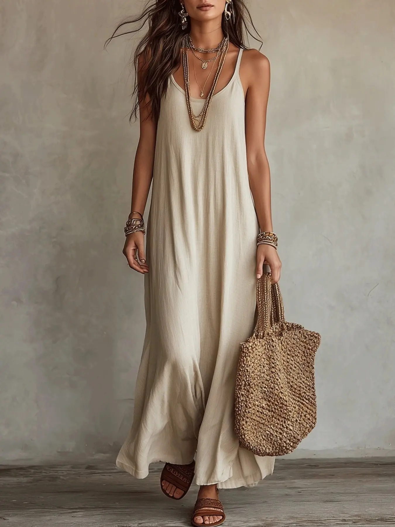 2026 Women's Bohemian Boho Aesthetic Vacation Dress, Loose Fit V-Neck Halter Top Sleeveless, Solid Color, Casual Boho Fashion Summer, Comfortable and Stylish