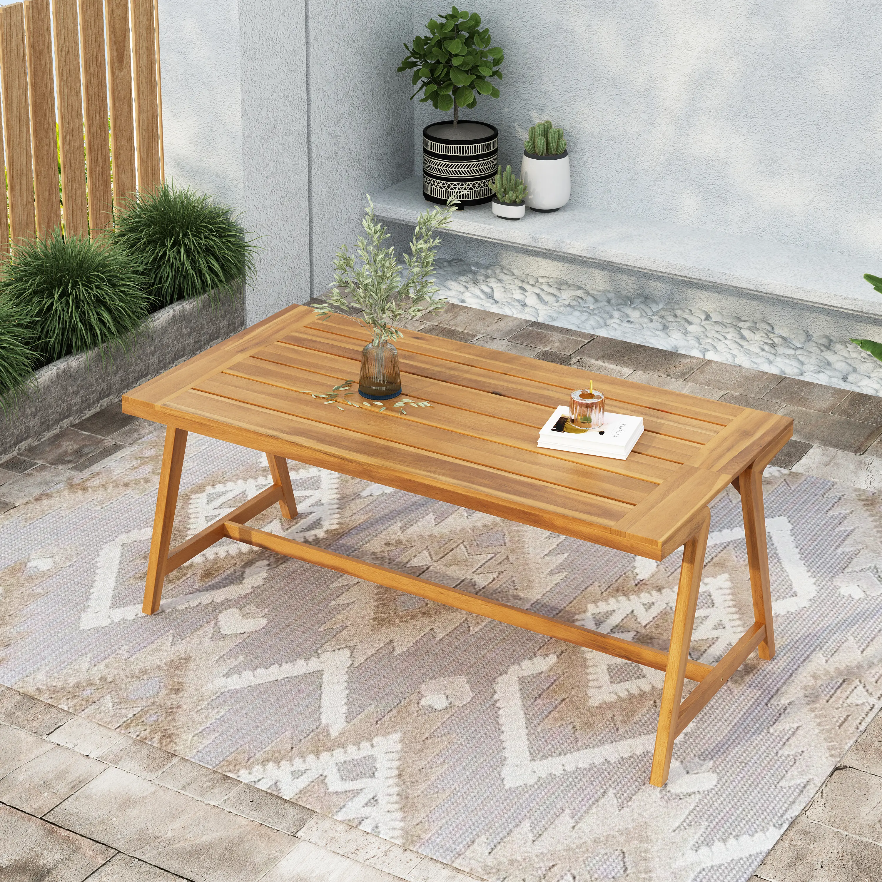 ARCH Modern Outdoor Dining Table for 4-6 People, 63 inch Acacia Wood Patio Table with Teak Finish, Weather-Resistant Garden Poolside Deck Furniture, Rectangular Picnic Table for Backyard Lawn BBQ Party, Living Room Table for Sofa Side, Bedroom