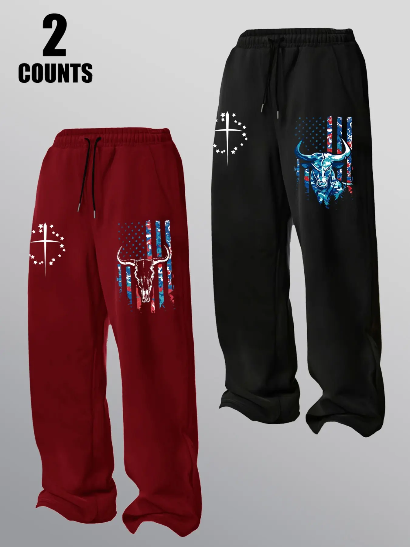 2 Counts Men Elastic Drawstring Wide Leg Sweatpants Bull Head & Skull Camo American Flag Cross Star Graphic Print Patriotic Western Casual Loose Jogger Bottoms For Outdoor Hunting Daily Spring Autumn Leisure Workout Outfit