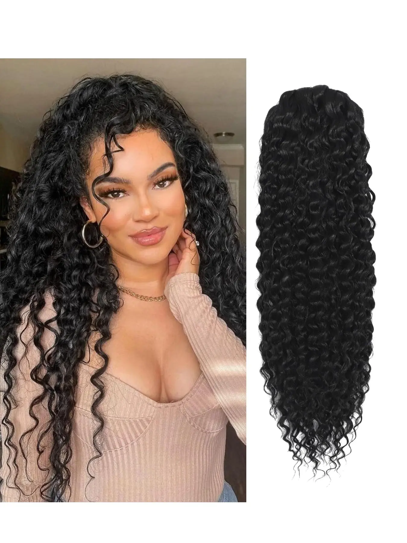 100% Human Hair Drawstring Deep Wave Ponytail #1B Natural Black Wrap Around Ponytail Extension 12-22Inch Fluffy Deep Wave Hair Ponytail For Women 70-100G Thick Soft Real Human Hair Easy Install Daily Party Hairstyle