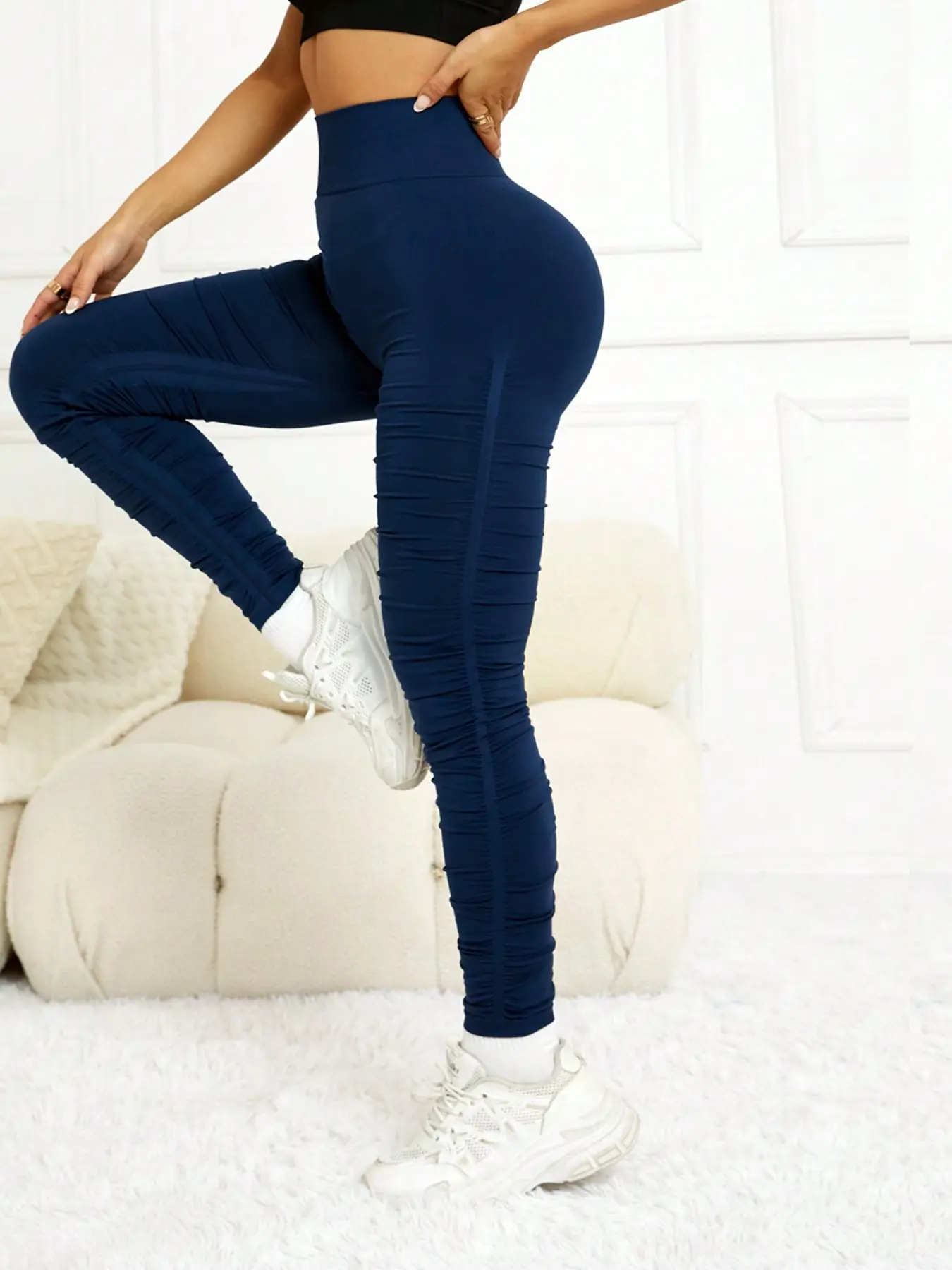 High Waist Ruched Butt Lifting Yoga Pants, Stacked Texture Quick Dry Fitness Pants, Women's Sport Tight Fit Leggings
