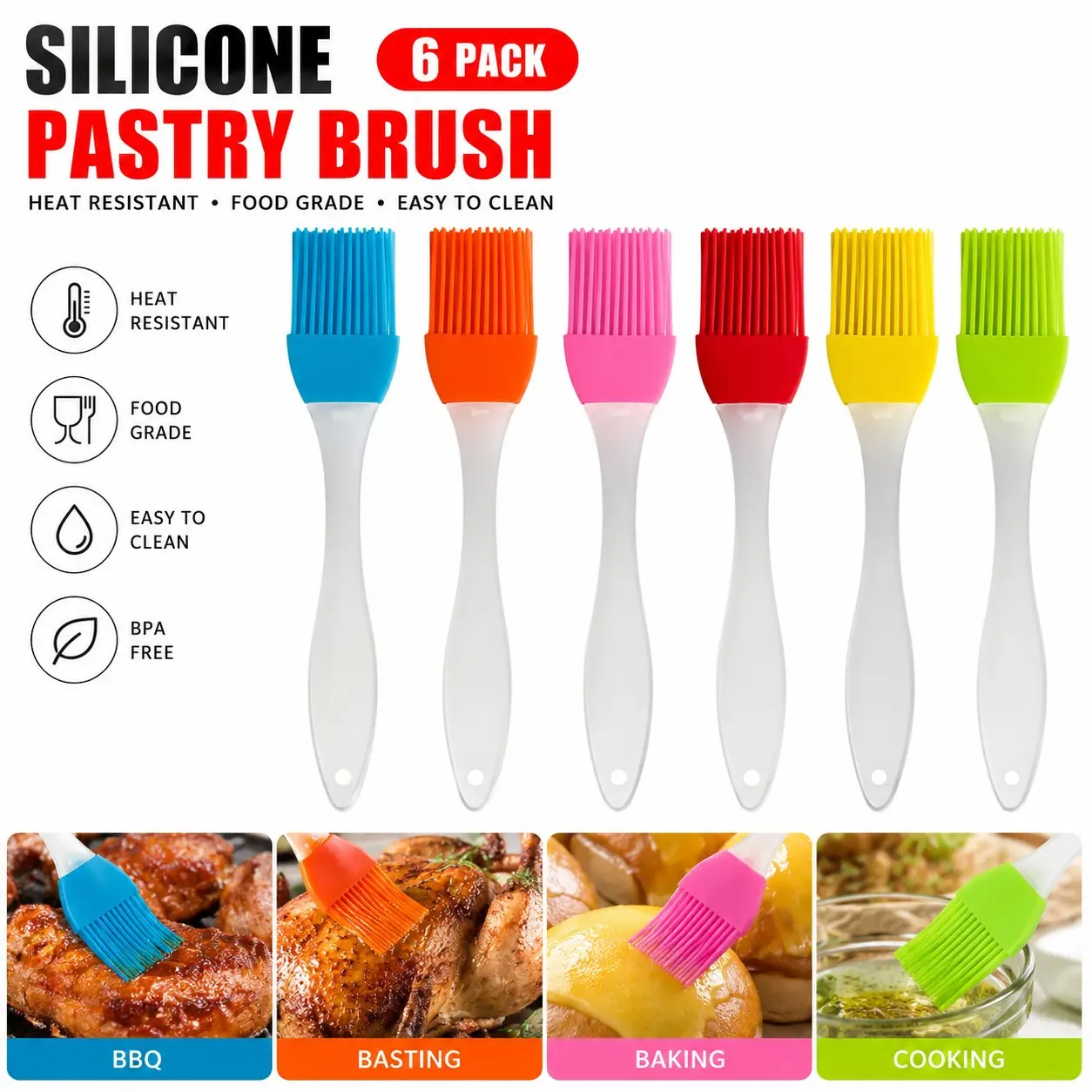Silicone Pastry Brush 6 Pack Basting Brush Heat Resistant Kitchen Food Brushes for Cooking Basting BBQ Baking Barbecue Utensils Kitchenware