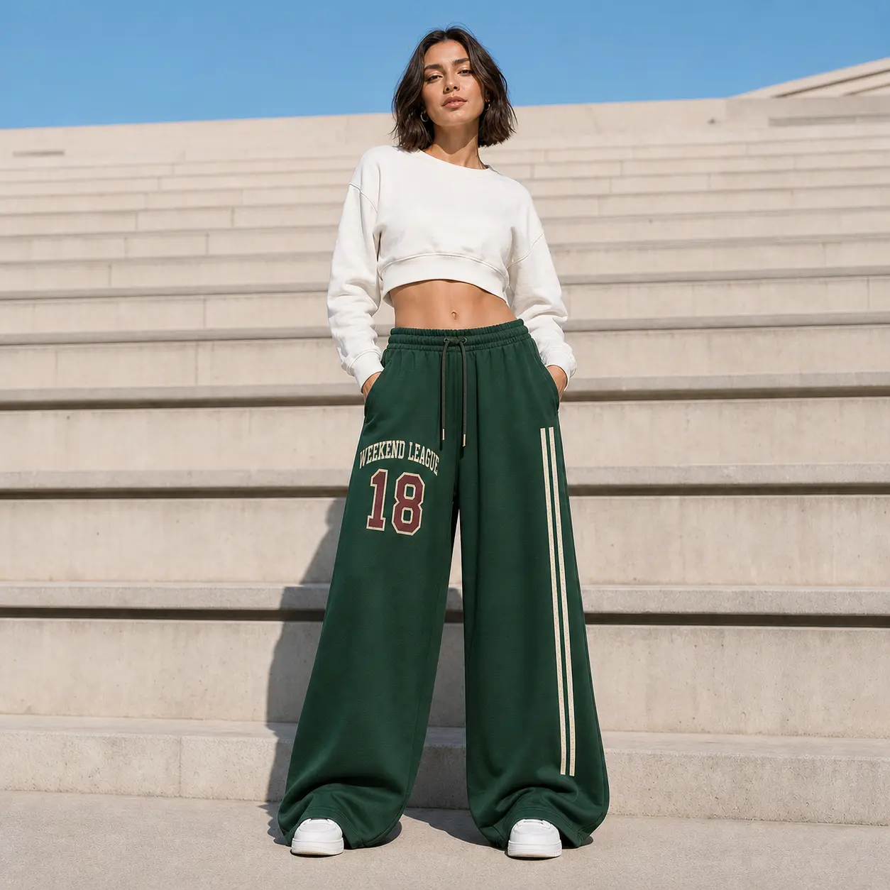 Women’s Oversized Wide Leg Sweatpants - Plus Size Fashion, Plain, All Seasons, Elastic Drawstring Waist, Side Pockets, Varsity Number Graphic, Striped Detail, Soft Baggy Lounge Track Pants for Campus, Gym, Athleisure
