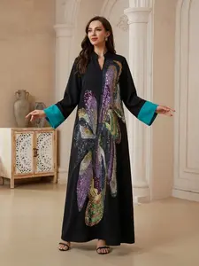 Middle Eastern Women's Traditional Sequined Dress, Muslim Kaftan Long Robe, Festival Evening Gown, Abayas, Islamic Clothing, Stylish and Elegant Attire