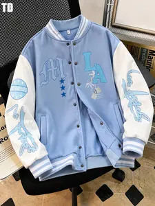 Td Men's Blue Letter Print Patchwork Zipper Flight Jacket, Casual Baseball Neck, Long Sleeve, Fall Winter Outerwear, Regular Fit