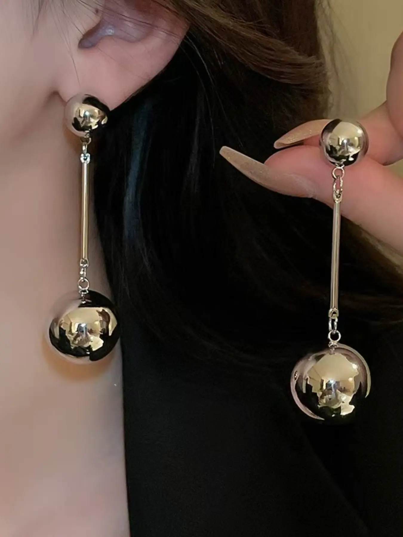 Trendy Silver Color Metal Ball Long Dangle Earrings, Hypoallergenic Silver Studs, Vintage Simple Women's Earrings, Daily Party Accessories