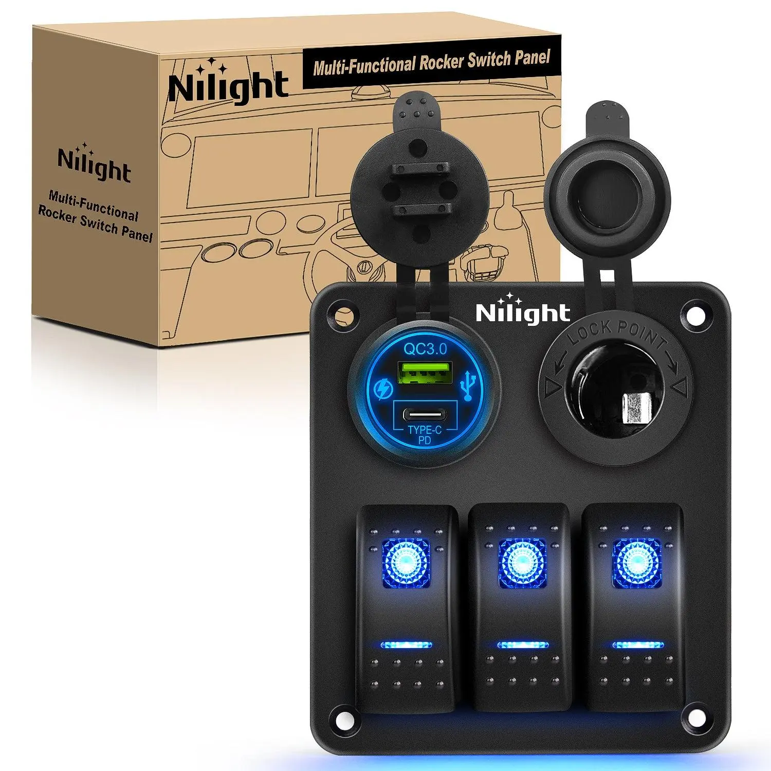 Nilight 3-Gang Pre-Wired Aluminum Car Switch Panel with PD Type-C, USB Cigarette Lighter Socket, Glow-in-the-Dark DIY Stickers (2 Sets), ABS&PC On-Off Switches, Screw for 12V-24V Cars, Boats, Trucks