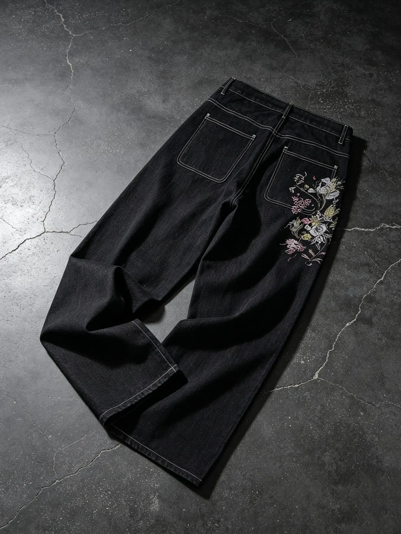 High Street Hip Hop Style Back Pocket Colorful Floral Embroidery Original Denim Wide Leg Long Pants, Casual Straight Jeans