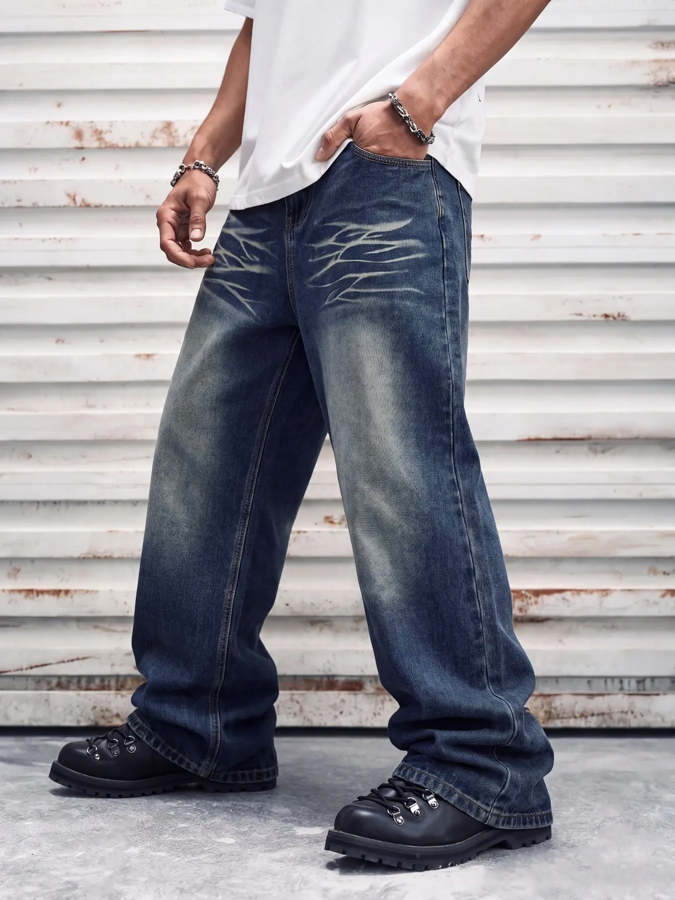 Men's Vintage Washed Straight Leg Jeans, Flame Cat's Whisker Wash Craft, Minimal Casual Daily Texture
