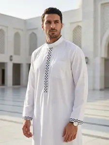 Islamic Traditional Men's Stand Collar Long Robe with Embroidery, Classic Daily Wear, Eid Festival Gift