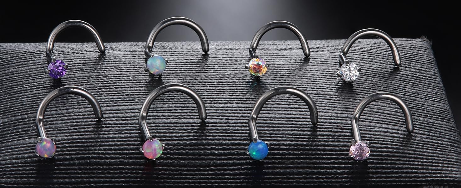 LOYALLOOK 8counts Nose Rings Studs Titanium Nose Rings 20G/18G Corkscrew Nose Ring L Shape Nose Studs Diamond CZ Silver Gold Nose Screw Rings Studs Hypoallergenic Nose Piercing Jewelry 1.5mm 2mm 2.5mm 3mm Gauge Size Trendy Modern Fashion