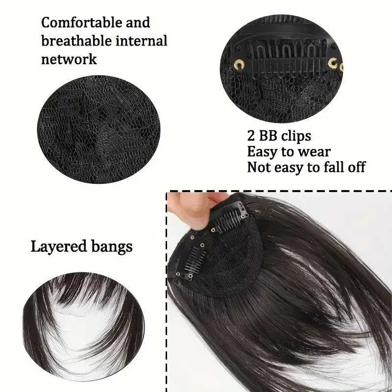 New Synthetic Hair Clip-In Bangs Cut Wispy Fringe with Sideburns Dark Brown Natural Look for Women Daily Party Wear