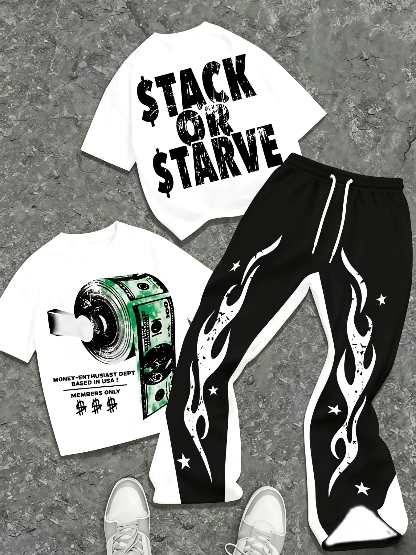 Money Theme Men’s Scimitar Pants Matching Set For Teen Guys Soft Stretch White Tee Dollar Double Print Flame Side Long Pants Skate Party LA Viral Hip Hop Co Ord Streetwear