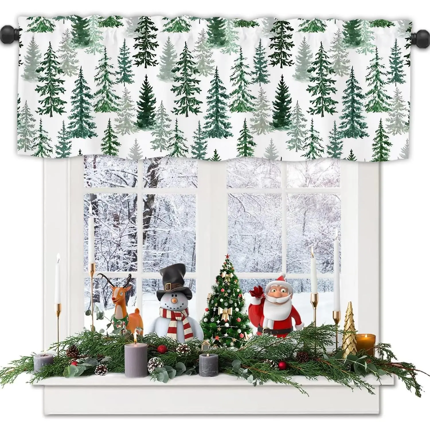 Christmas Valances for Windows, Winter Xmas Tree  Rod Pocket Christmas Valance Curtains, Xmas Valance Curtains for Living Room, Bedroom, 54x18 Inch