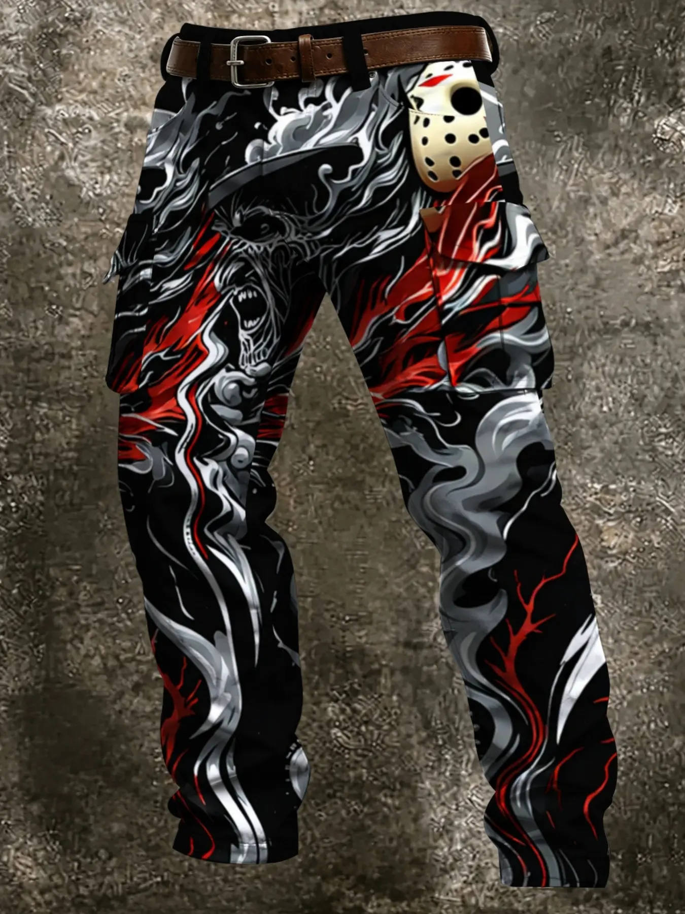 Men's Horror Demon Smoke Artwork Workwear Ankle Pants, Slim Fit Casual Long Pants with Pockets, Fall Winter Fashion for Subculture Lovers