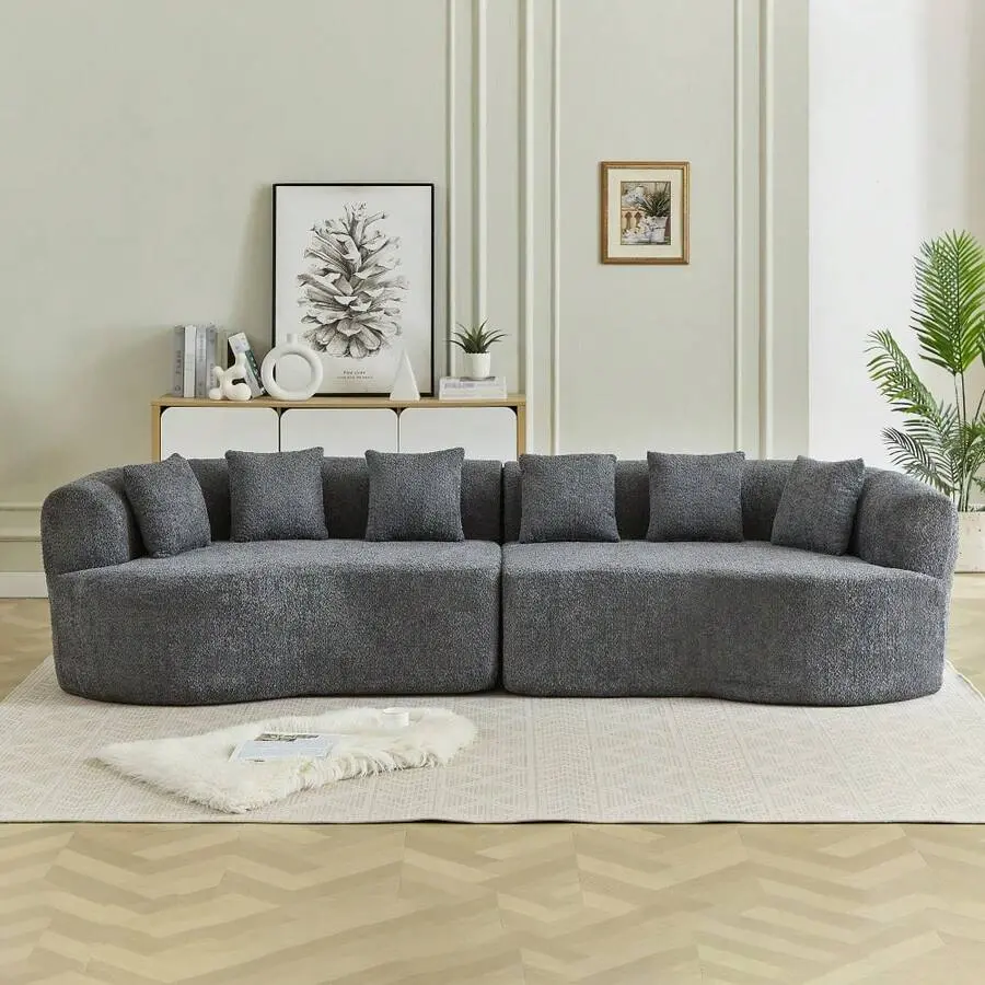 111.5 Inch Curved Cloud Sofa, Oversized Modular Sectional Sofa, Deep Seat 4-Seater Chenille Couch With 6 Pillows Living Room, Grey