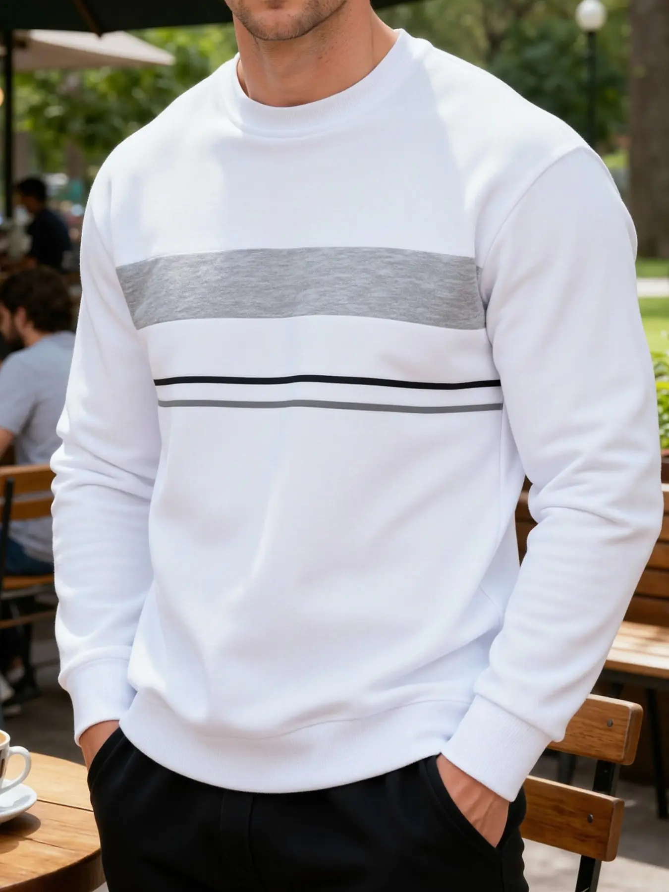 Men's Colorblock Striped Round Neck Sweatshirt, Long Sleeve Casual Pullover, Fashion Daily Wear Top, Comfortable and Stylish, Menswear