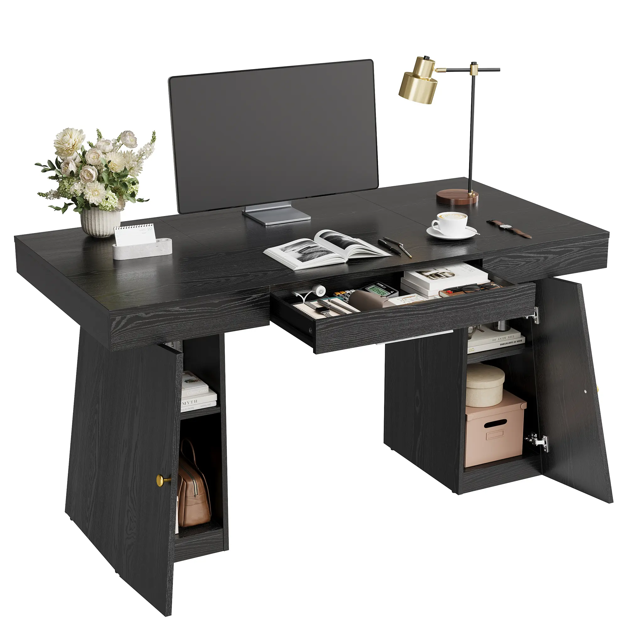 Modern Computer Desk, 55 x 27.5 Inch Large Office Desk with Drawers, Gaming Desk with Storage Shelves, Writing Study Desk for Home Office