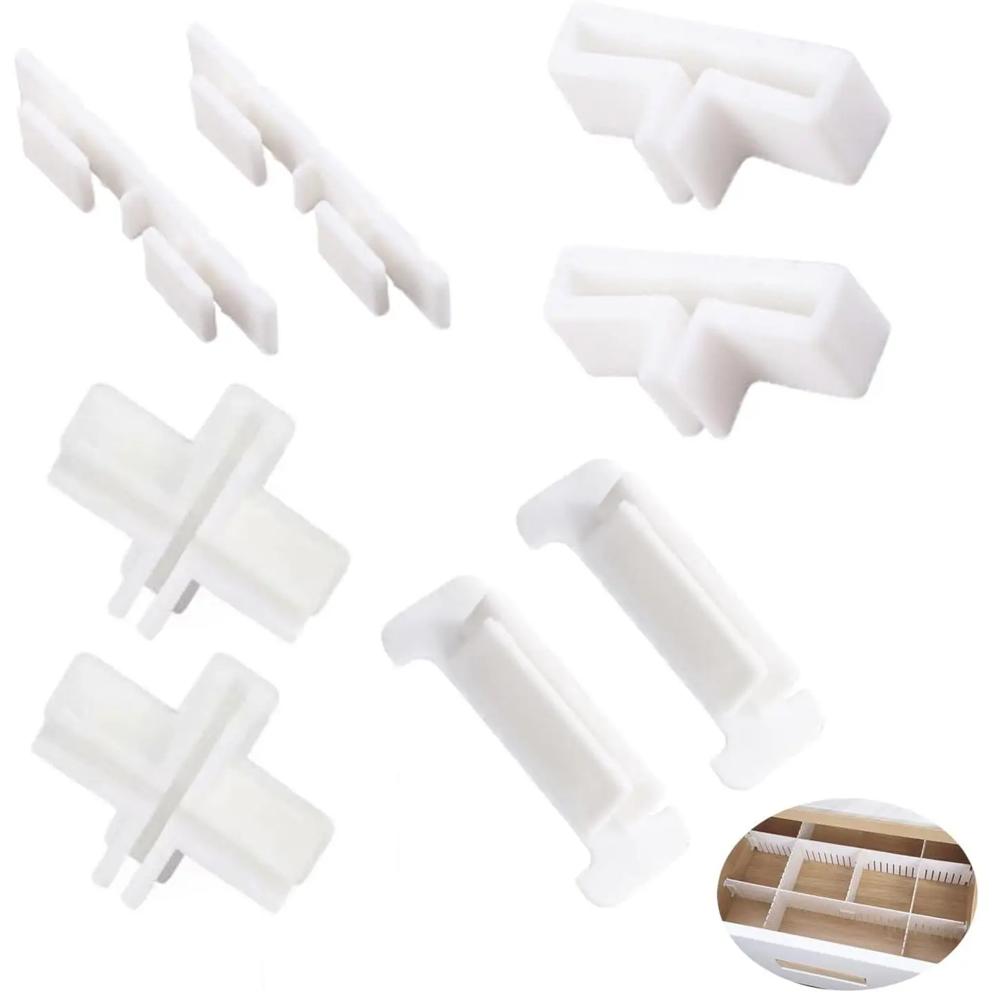 22 Pack Drawer Divider Clips Holder Plastic Mount Fixing Buckle Corner Angle  Connector Ends for Drawer Organizer Partition Grid Plates Separators Rail Box Installation (4 Types)
