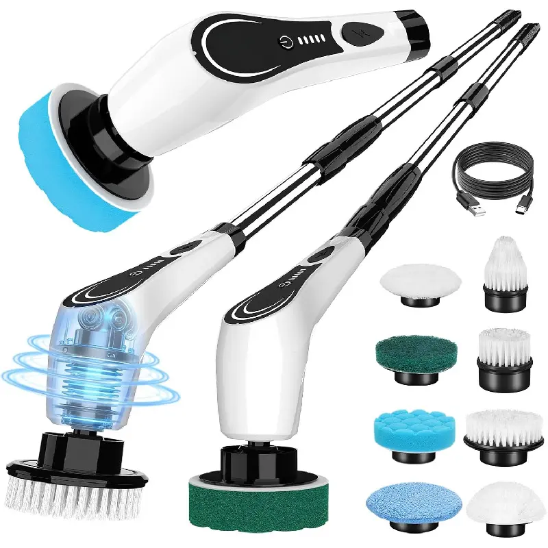 Electric Spin Scrubber, Cordless Floor Scrubber Machine with 8 Cleaning Pads & Telescopic Handle, Bathroom Scrubber for Cleaning Tile Grout Tub Shower Floor Window Carpet, White-rx2...