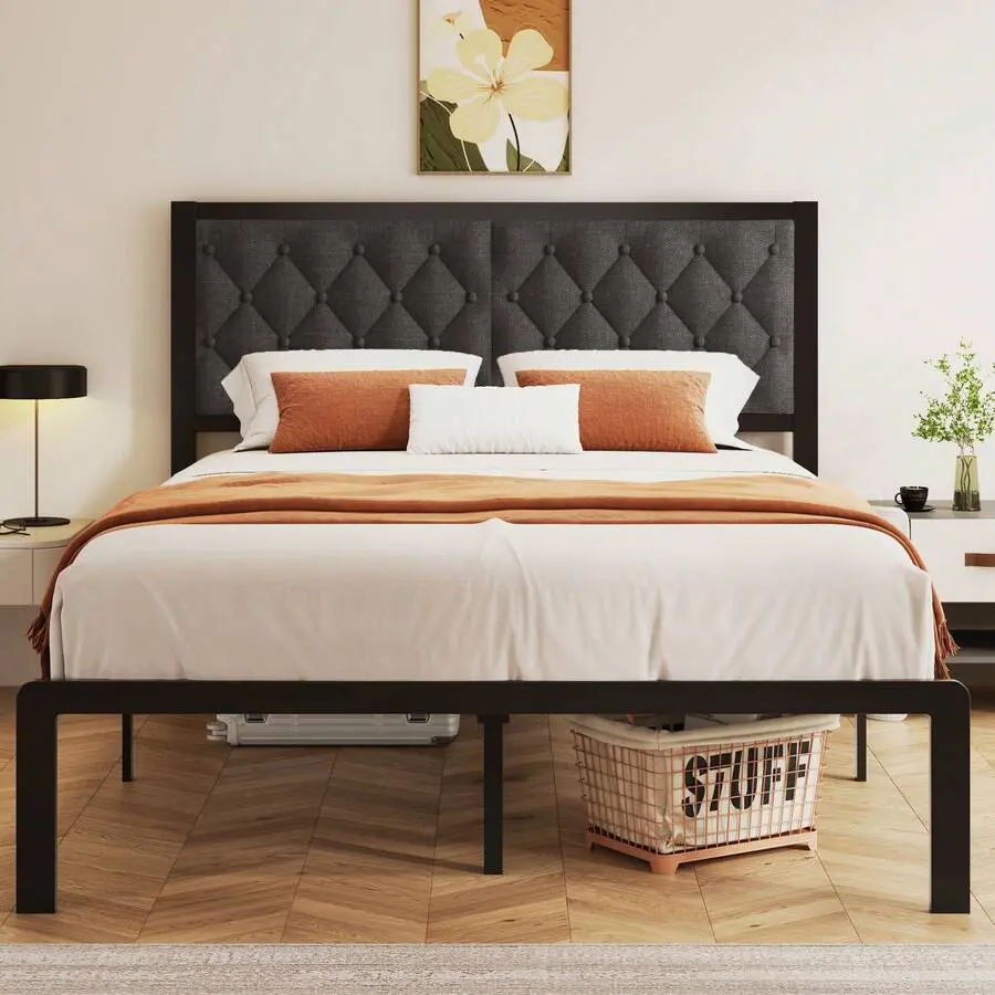 Queen/King/Full/Twin Bed Frame With Tufted Headboard Metal Platform Bed Frame With Under-Bed Storage,All Metal Support System,No Box Spring Needed,Noise-Free,Easy Assembly,Black