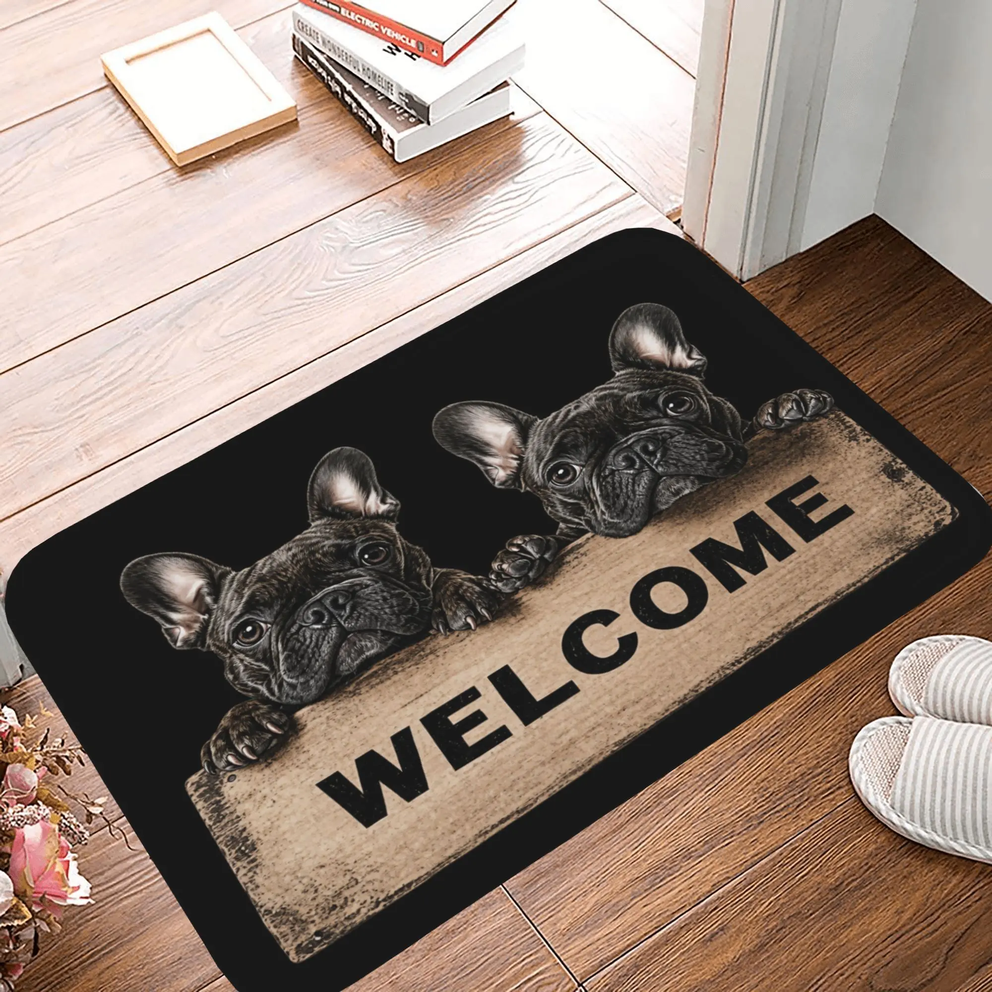 French Bulldog Welcome Doormat, Frenchie Dog Print Flannel Indoor Entrance Rug, Non-Slip Washable Floor Mat for Home Decor, Low-Profile Shoe Scraper Carpet,Christmas,Santa