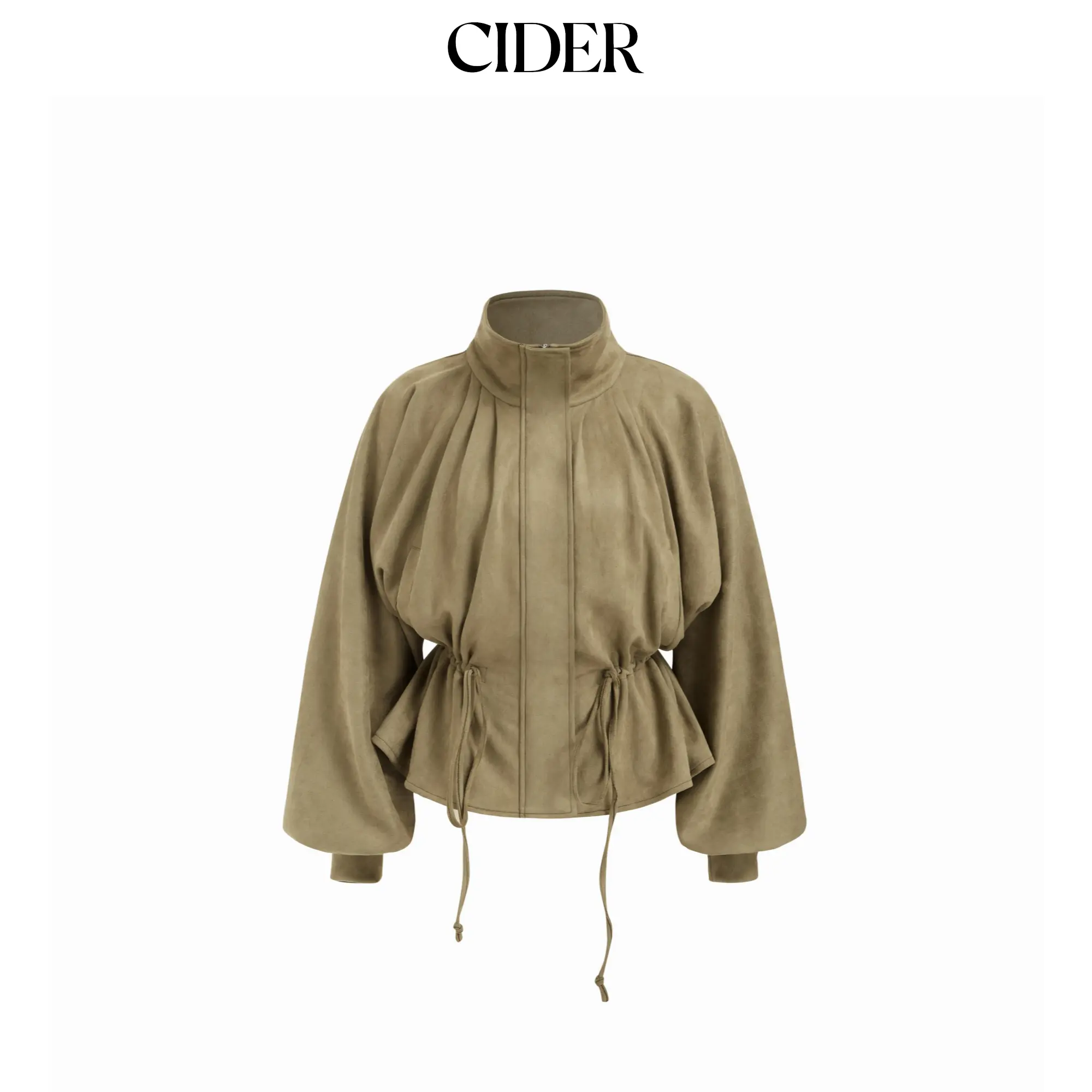 Cider Suede Collar Drawstring Cinched Waist Zip Through Lantern Sleeve Jacket SohoChic