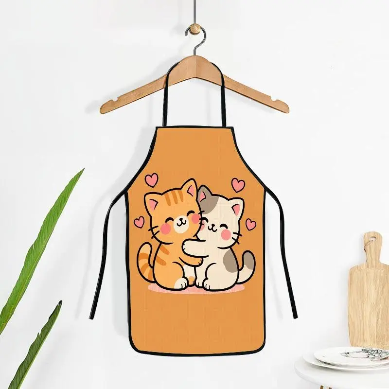 Cute Cartoon Hugging Cats Print Kitchen Apron, Soft Playful Whimsical Design with Pink Heart Accents, New Style with Multiple Specifications Available, Ideal for Home Cooking, Baking and Daily Kitchen Work