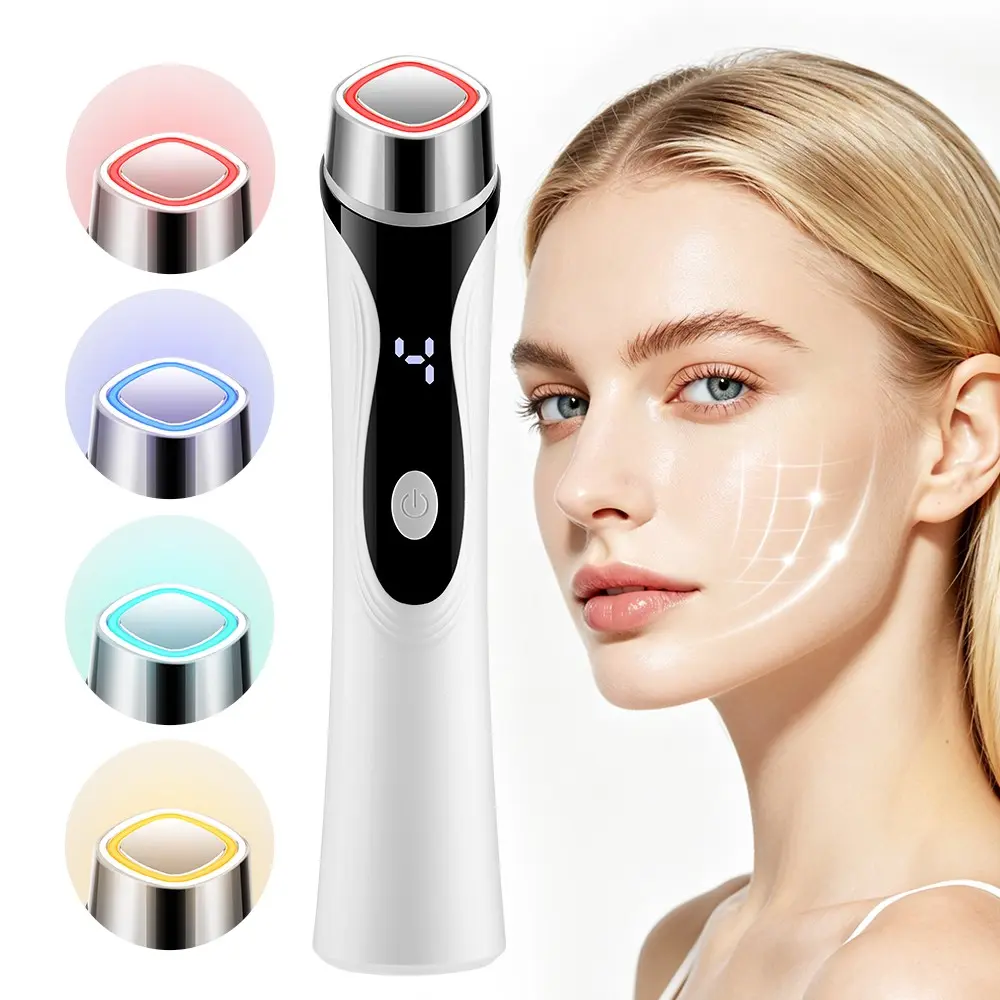 4-In-1 Facial Massage Beauty Device with Multi-Tone Red & Blue LED Lights, Warm Heating Face Contouring Lifting Machine, 4 Adjustable Skincare Modes for Face & Neck Daily Home Skin Care, Facial Beauty Massagers
