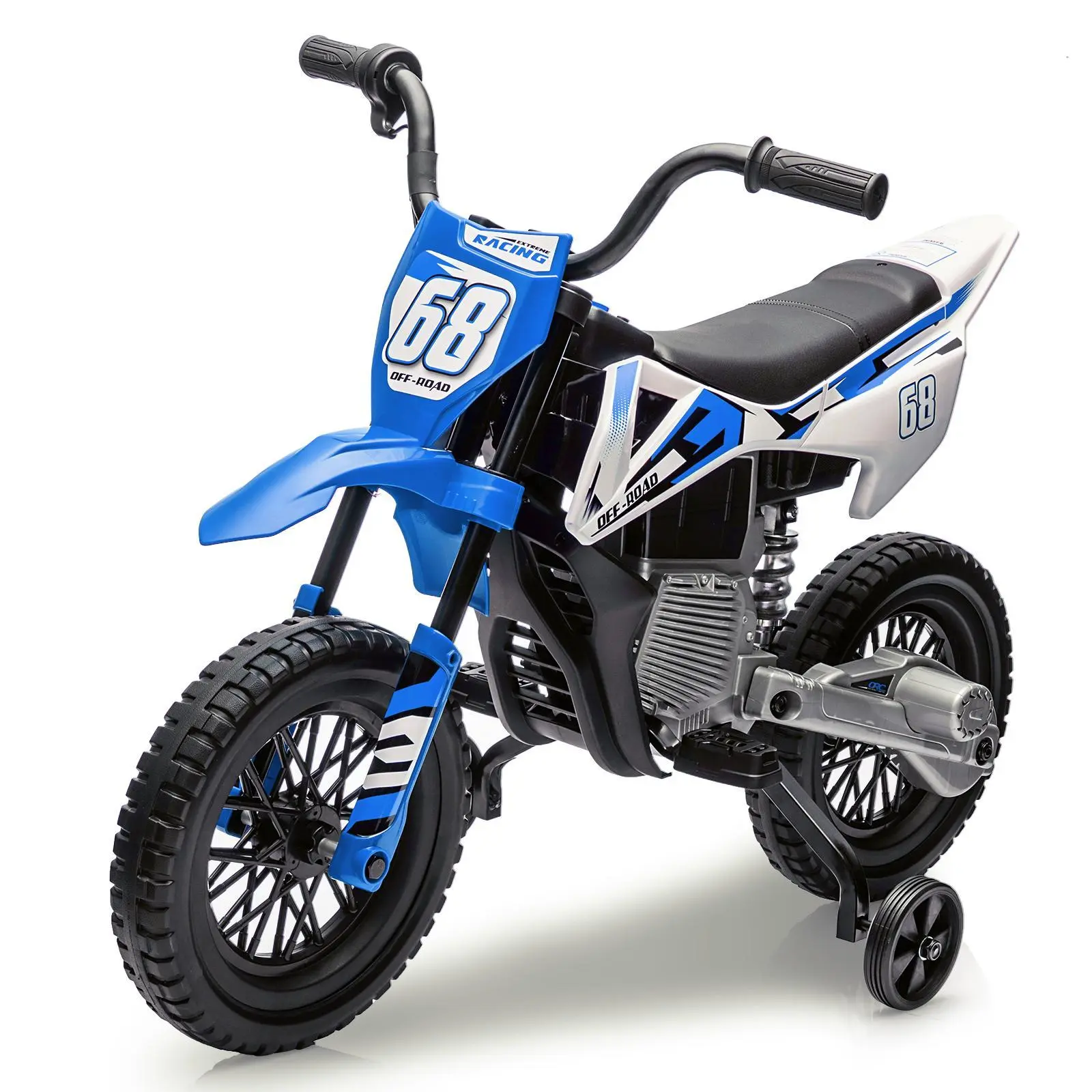 12V Kids Electric Dirt Bike with Training Wheels, Built-in Batteries & Cells, Bluetooth Music, Twist Grip Throttle, Max Speed 3MPH, Spring Suspension, Outdoor Play Ride-on Toy for 3-8 Years Olds