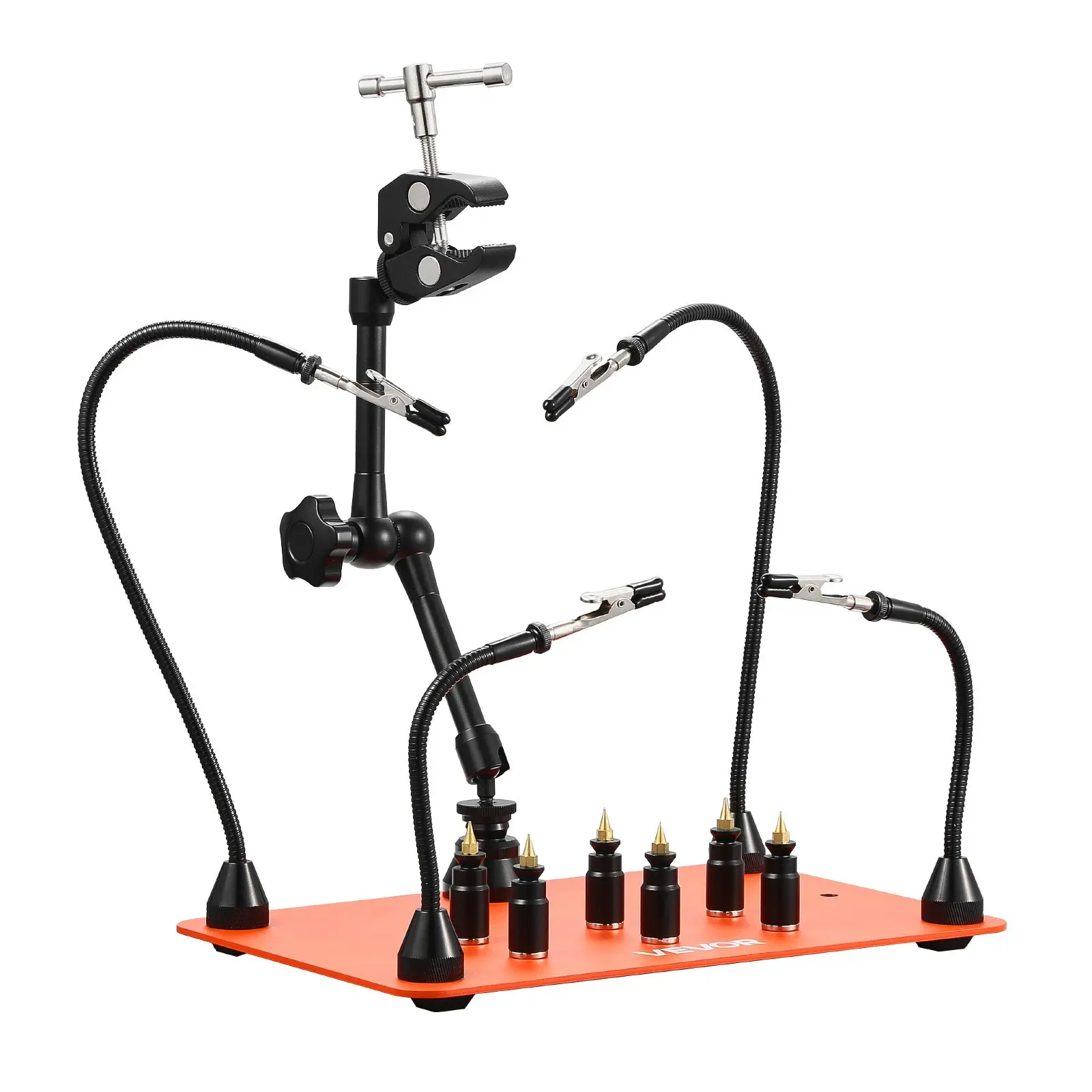 VEVOR Magnetic Helping Hands Soldering Station, 4 Flexible Arms Third Hand Tool, with 6 PCB Pillar Holders 360 Hot Air Gun Holder, Heavy-Duty Base Soldering Helper for Electronic Repair Craft
