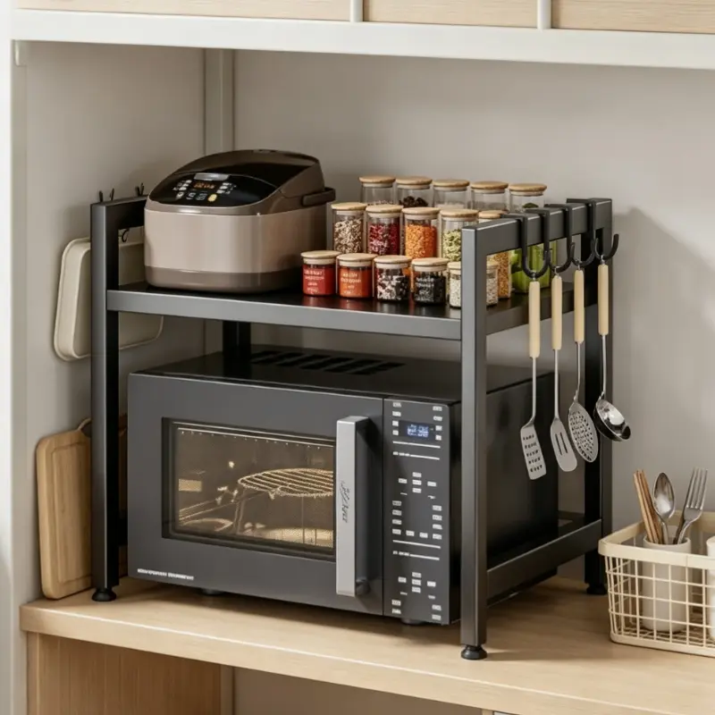 Adjustable Microwave Oven Rack, Multi-Layer Storage Shelf, Large Capacity Organizer for Rice Cooker, Baking Tools, Spices, Kitchen Counter