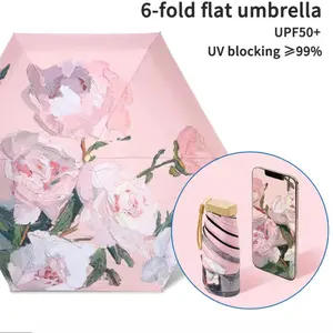 Upf50+ Mini Capsule Umbrella, Ultra-Compact 6-Fold Rain and Sun Umbrella, Portable Windproof UV Protection Pocket Travel Umbrella for Women