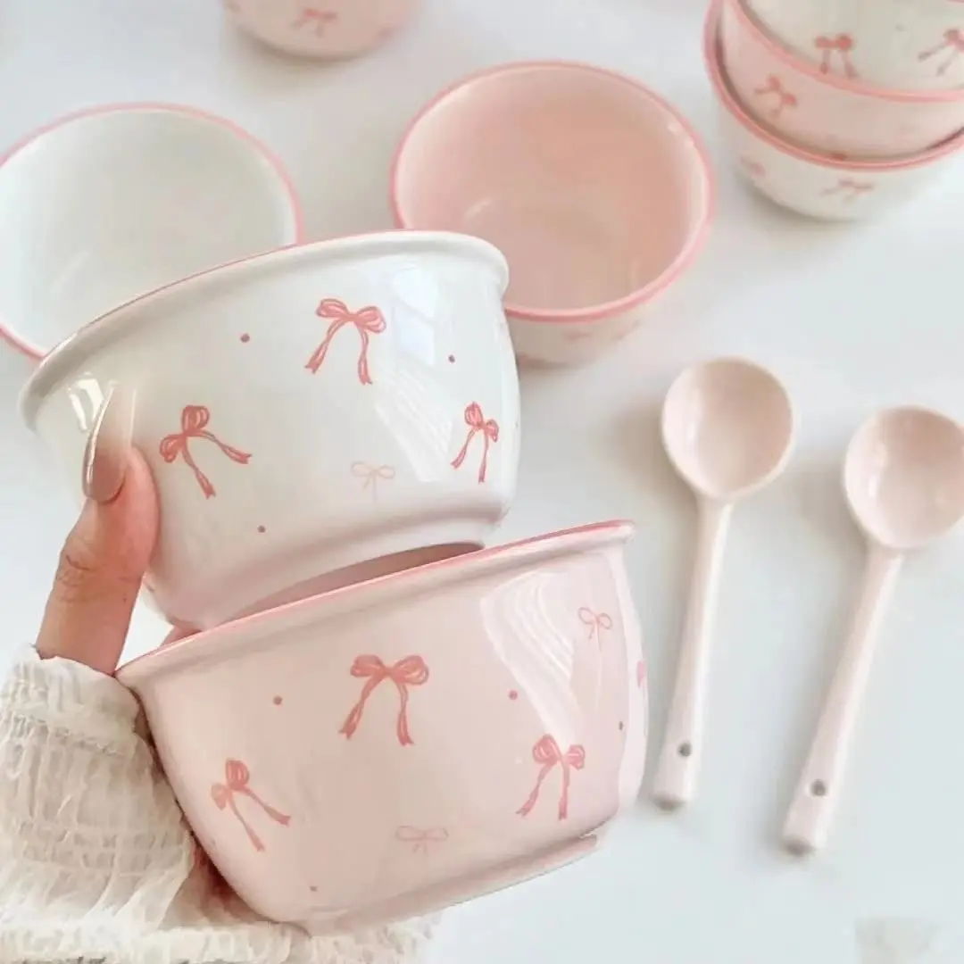 2 Bowls 2 Spoons Cute Ribbon Pattern Ceramic Dinnerware Set, Microwave Safe, Dishwasher Friendly, Perfect for Sweet Table Decor