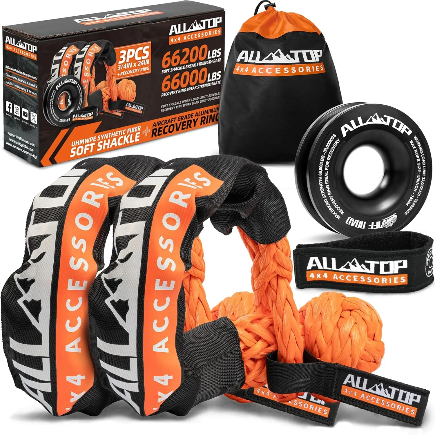 Soft Shackles + Recovery Ring Set: 2PCS x 66,200 Lbs Shackles + Recovery Ring Soft Shackles + Recovery Ring Set: 2PCS x 66,200 Lbs Shackles + Recovery Ring