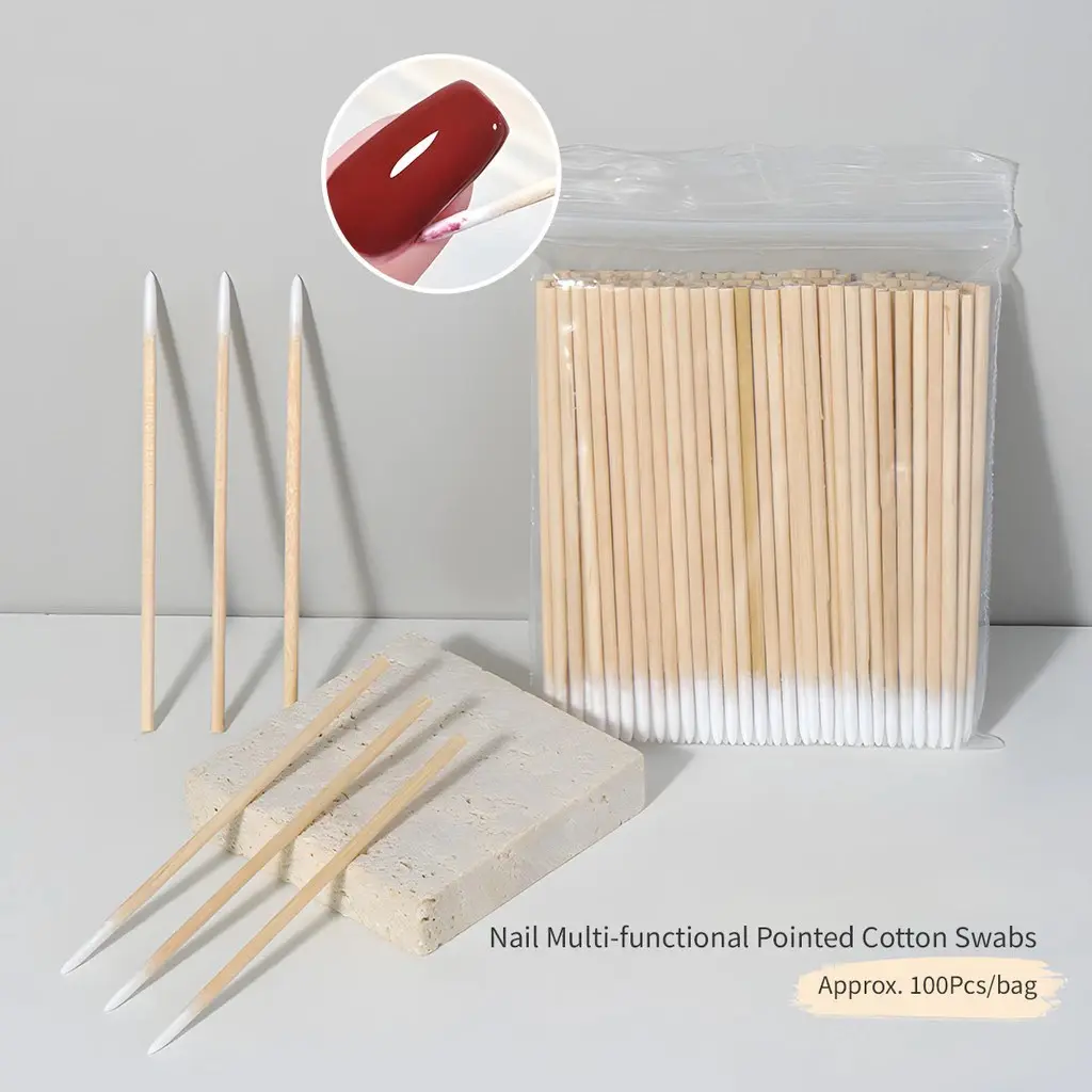 100Pcs/bag Pointed Cotton Swabs, 4 inch Precision Microblading Cotton Swab Cotton Sticks Applicator for Eyebrow Tattoo Beauty Make-up Nail Clean, Wood Handle Pointed Tip Head