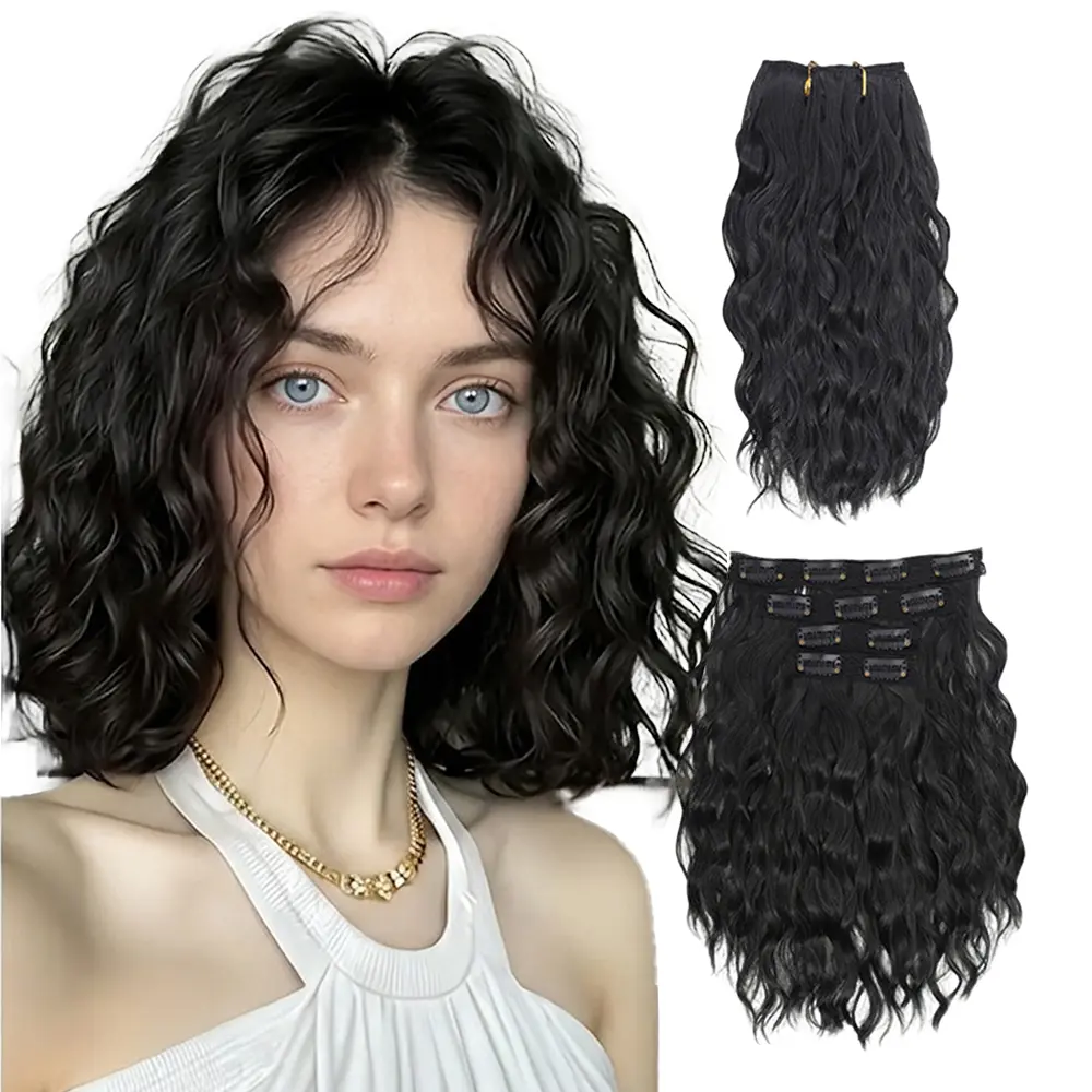 4Pcs Clip In Hair Extensions 12 Inch Water Wave Short Curly Hairpieces Natural Black Highlight Brown Synthetic Hair For Women Full Head Invisible Hair Extensions With Free Styling Kit instant length  thinning topper
