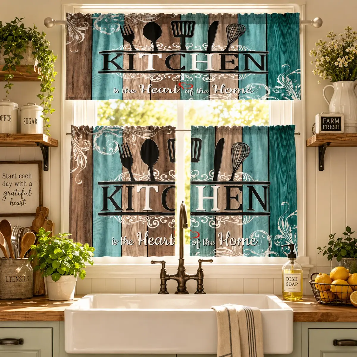 1/2/3PCS Non-Customised Traditional Rustic Farmhouse Cafe Curtains - "Heart of the Home" Tier & Valance Set, Soft Patterned Polyester Print Flat Weave Fabric, Breathable, Durable, Fade Resistant, Machine Washable for Cozy Kitchen Windows