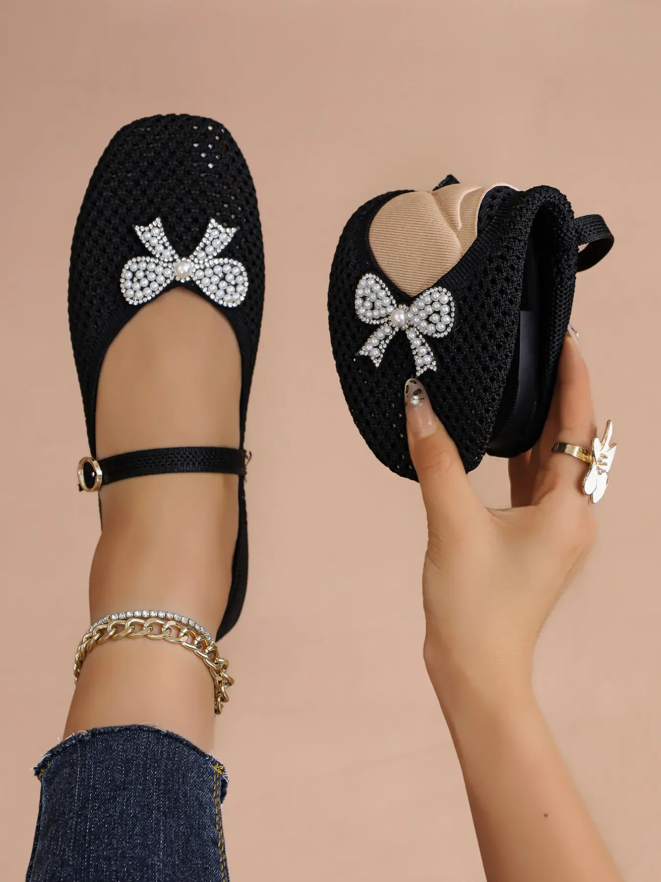 Women's Elegant Pearl Rhinestone Bow Mary Jane Flat Shoes, Breathable Mesh Square Toe Buckle Sandals, Casual Office Fashion Footwear