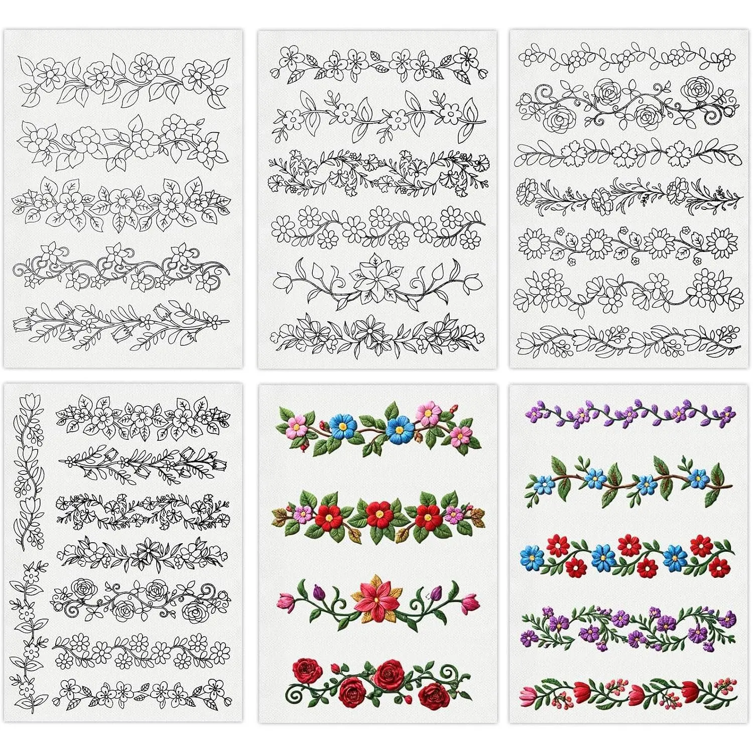 27 count Water Soluble Stabilizer Embroidery Patterns Flower Vine Embroidery  Sewing  Border Pre-Printed Floral Stick &  Paper for Jean Bag Tshirt Bags Towels 4 Sheets