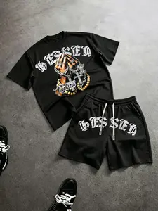 Men's Summer 2-Piece Set, Gothic Letter Print T-Shirt & Drawstring Shorts, Casual Fitness Wear, Dark Hip-Hop Style, Daily Comfort