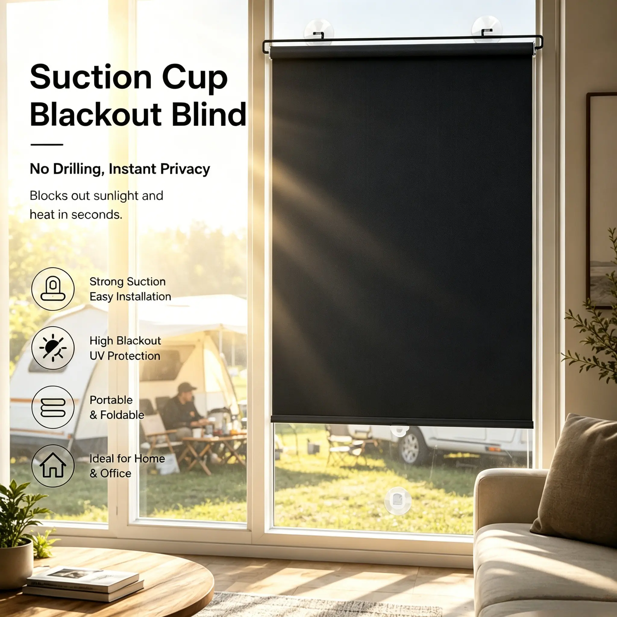 Wall-Mounted Sun Roller Blinds, No Drilling Required, Instant Privacy, Sunlight Blocking, Ideal for Short-Term Rentals & Temporary Spaces, Perfect for Apartments & Guest Rooms, Foldable
